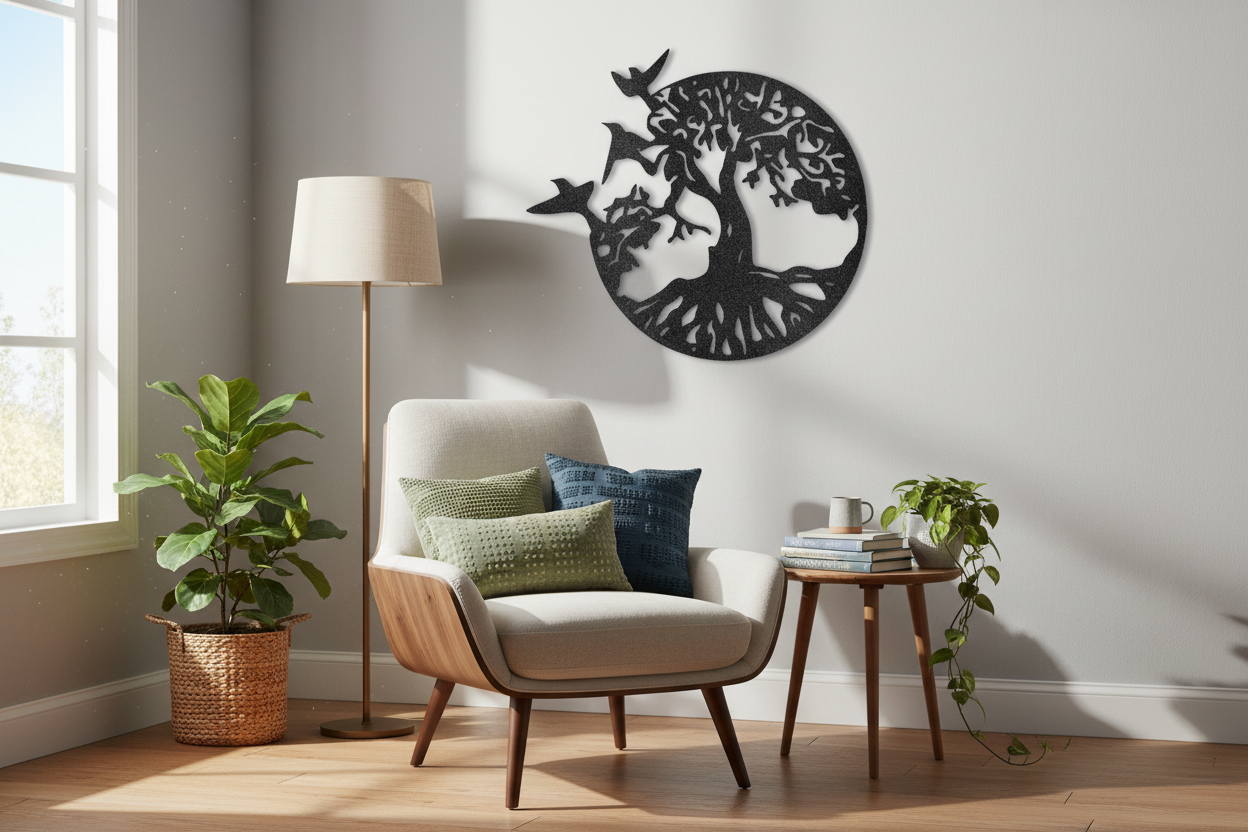 Custom Take Flight Tree steel sign with birds & tree design. Laser-cut powder-coated metal for indoor/outdoor use. Perfect nature-inspired wall decor. 5 sizes available.