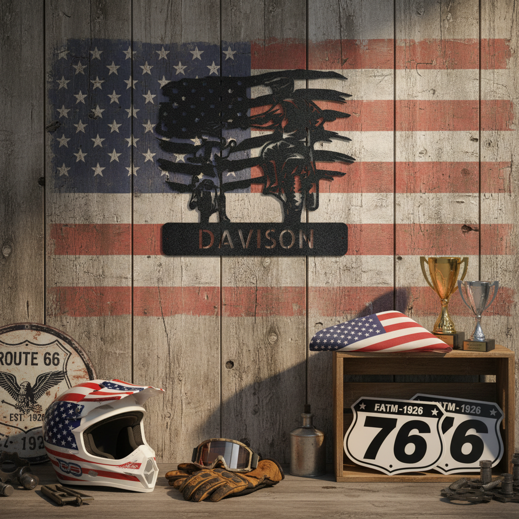 American Motocross Family Monogram Steel Sign in Black - Patriotic Decor