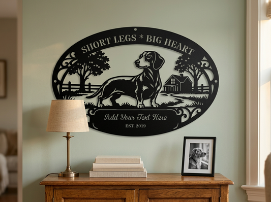 Personalized Dachshund Metal Wall Art – "Short Legs Big Heart" Rustic Country Silhouette