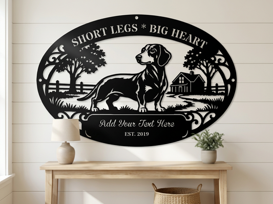 Personalized Dachshund Metal Wall Art – "Short Legs Big Heart" Rustic Country Silhouette