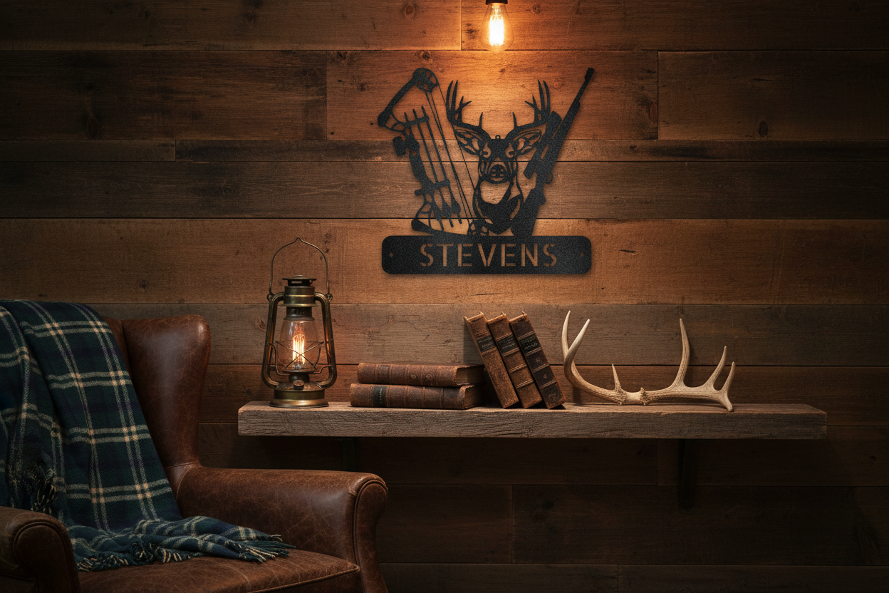 Deer Hunter Monogram Steel Sign in Black - Hunting Lodge Banner