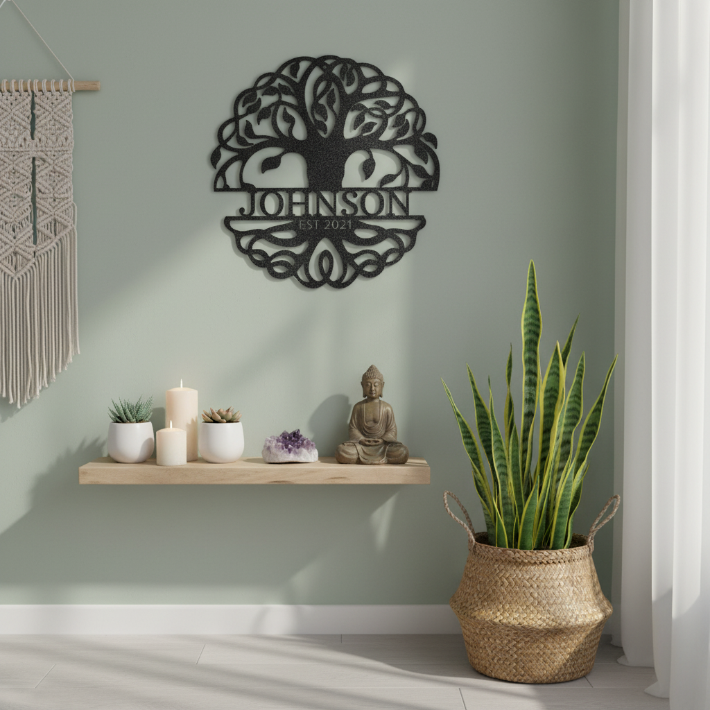 Fancy Tree of Life Monogram Steel Sign in Black - Zen Decor