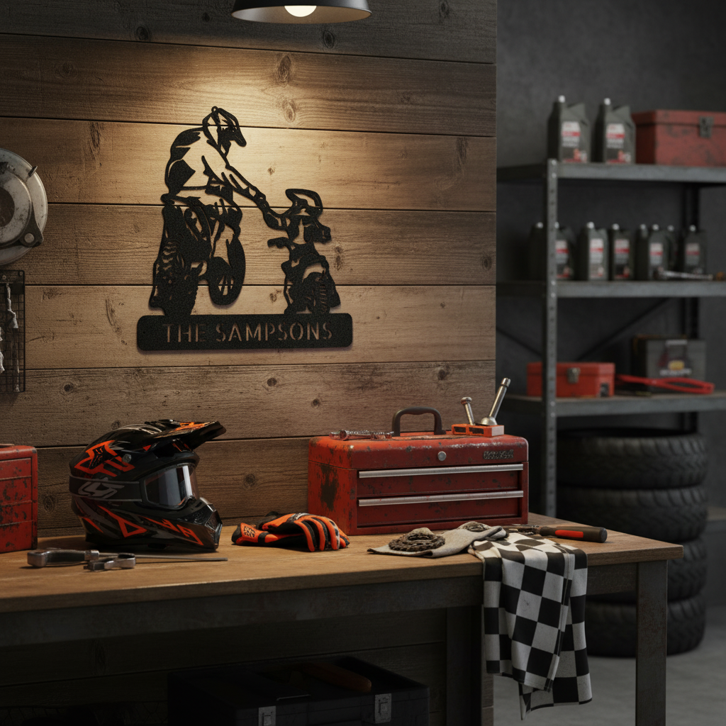 Father and Son Motocross Monogram Steel Sign in Black - Garage Decor