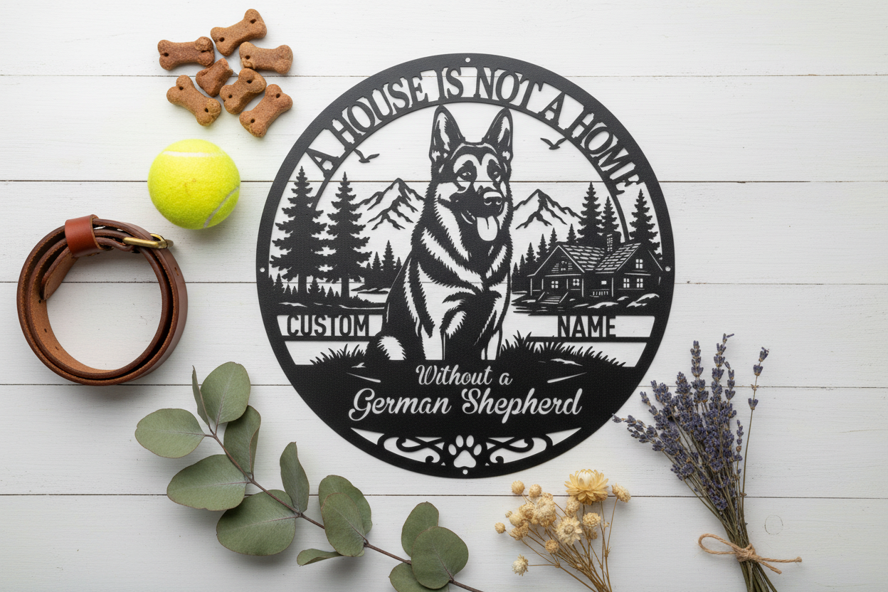German Shepherd - Black Flat Lay White Wood