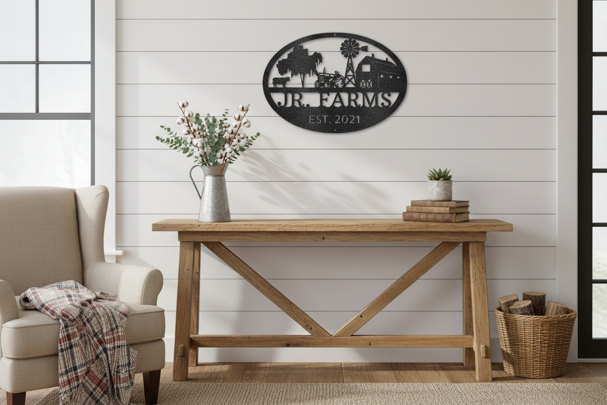 Simple Farm Monogram - Black Steel Sign in Farmhouse Setting