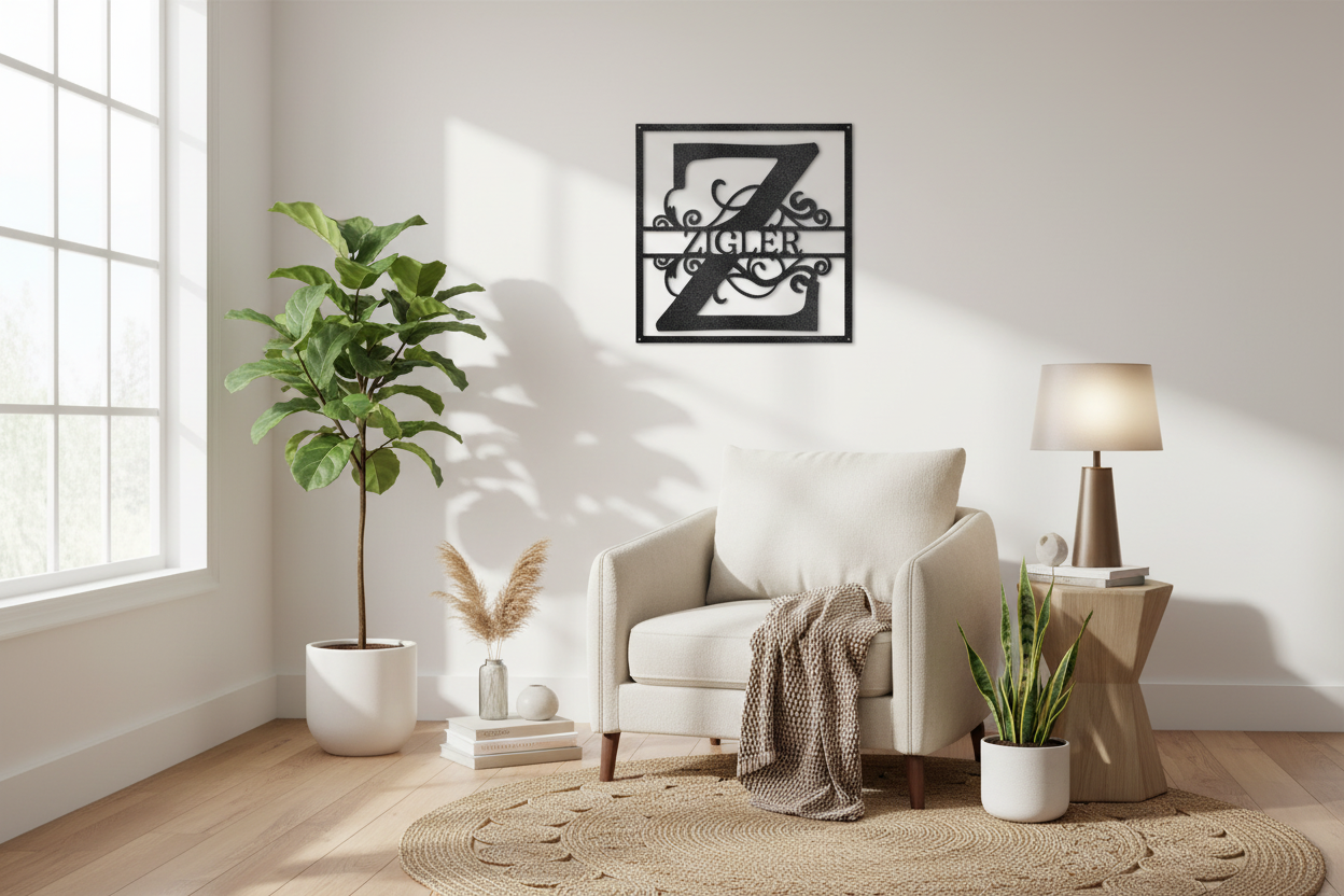 Split Square Monogram - Black Steel Sign in Home Setting