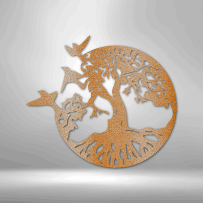 A circular steel sign with a laser cut design of a tree and birds in flight.