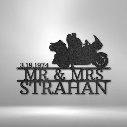 Motorcycle Couple Ring Monogram - Steel Sign