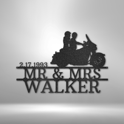 Motorcycle Wedding Kiss Monogram - Steel Sign