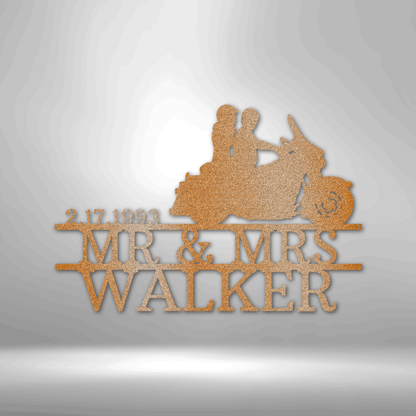 Motorcycle Wedding Kiss Monogram - Steel Sign