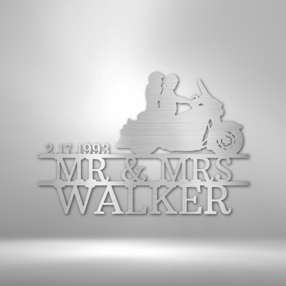 Motorcycle Wedding Kiss Monogram - Steel Sign