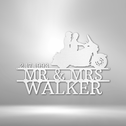 Motorcycle Wedding Kiss Monogram - Steel Sign