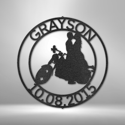 Motorcycle Couple Heart Monogram - Steel Sign